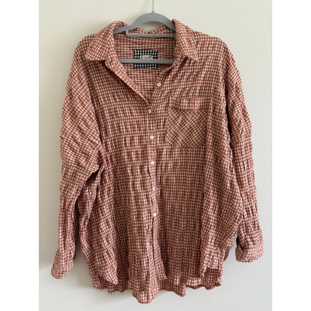 Free People Button Down Shirt Womens Medium Rust Gingham Oversized Boho